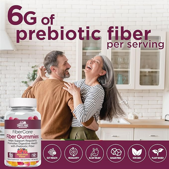 Country Farms Fiber Care Prebiotic Gummies 6g of Fiber Per Serving FOS from Beets Digestive Health Supports Regularity Mixed Fruit Flavor