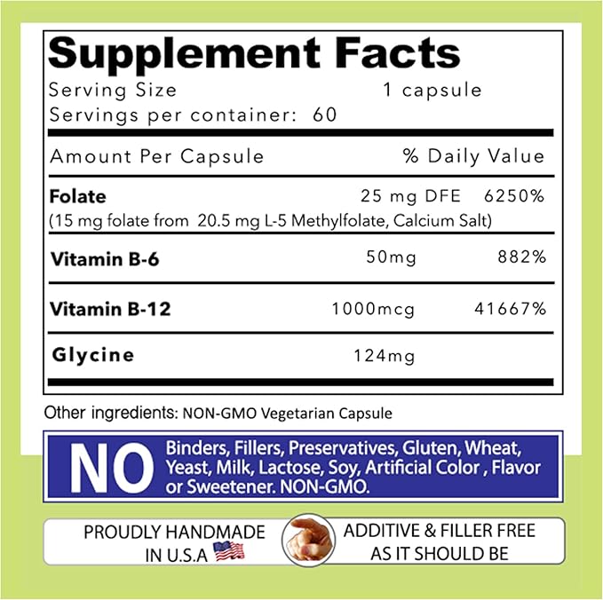 Our Daily Vites L-Methylfolate B Complex Cofactors &amp Essential Amino Acids (15mg) - Active Folate Methylated B12 Methylcobalamin B6 and Glycine - 60 Count