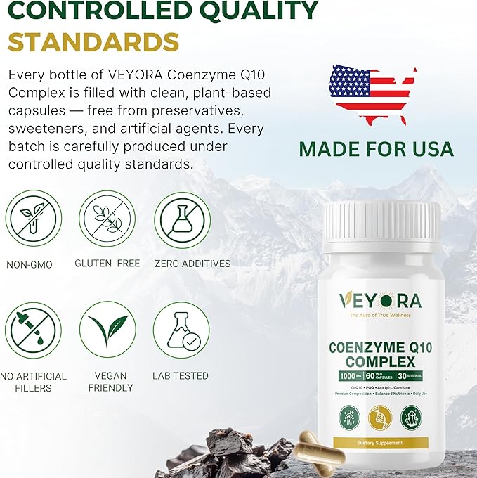 Coenzyme Q10 Complex 60 Veg Capsules Premium CoQ10 + PQQ + ALC + Resveratrol &amp Shilajit Balanced Nutrient Blend for Daily Use