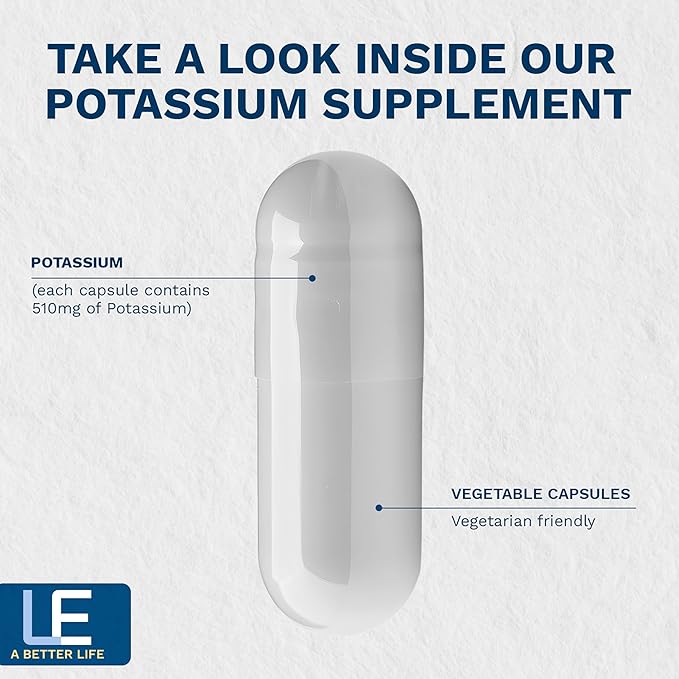 Life Enhancement High Potency 1020 mg Potassium Supplement for Muscle Brain &amp Bone Health - No Additives High Absorption Elemental Potassium Supplement Made in USA (240 Capsules – 120 Servings)