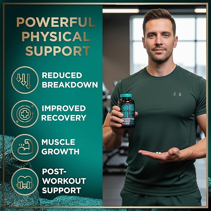 Essential Amino Acids Supplement - All 9 EAAs with BCAAs Amino Acids (Leucine Lysine Valine Threonine) - 3000mg Per Serving - Muscle Growth Power Recovery - 120 Vegan Caffeine Free Capsules