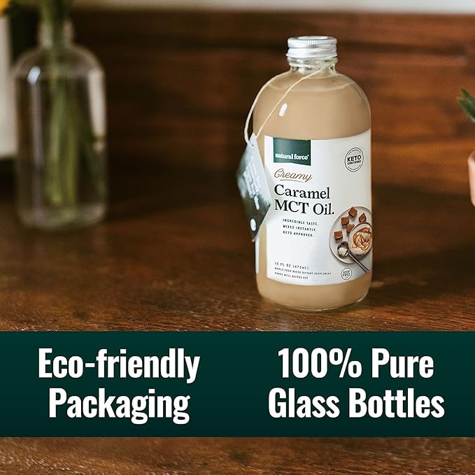 Natural Force Creamy Caramel MCT Oil – Non Dairy Keto Certified Emulsified MCTs for Low-Carb Ketogenic Coffee Smoothies &amp Shakes - Mixes Instantly + No Blending Required – 16 Oz Glass Bottle