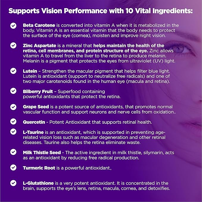 HerbaMe Eye Vitamins Supplement with Lutein Bilberry Beta Carotene L-Taurine Zinc and Quercetin 90 Capsules Supports Vision Ocular and Macular Health Helps Eyes Filter Blue Light