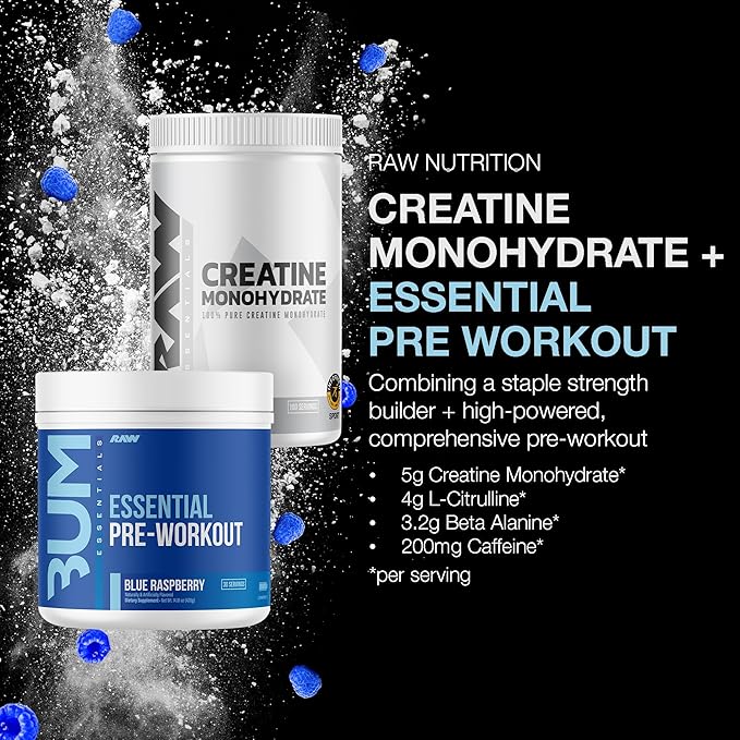 RAW Nutrition Creatine Monohydrate &amp Blue Raspberry Pre-Workout Powder Bundle