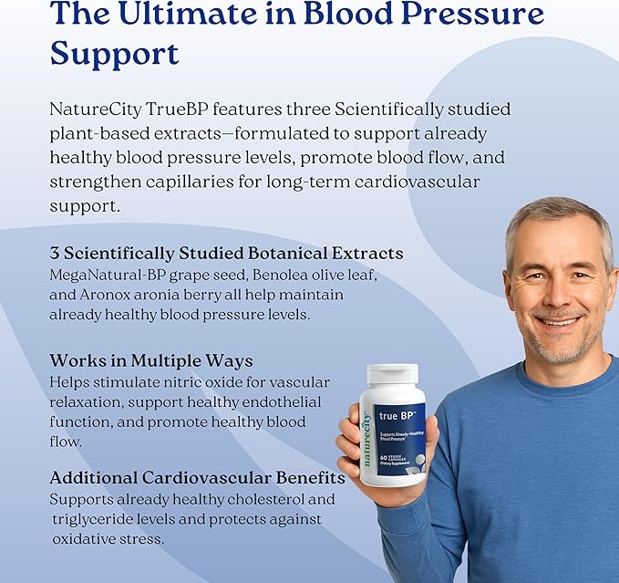 NatureCity True-BP | Supplements to Support Blood Flow for Heart Health | MegaNatural-BP 80mg 16% Oleuropein (60 Veggie Capsules) Non-GMO Gluten Free