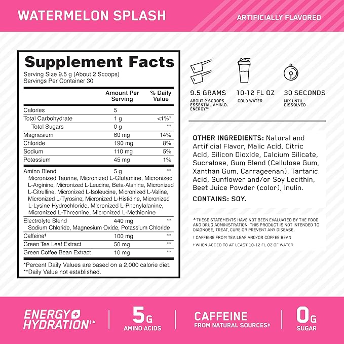 Optimum Nutrition Performance Nutrition Bundle: Amino Energy Plus Hydration Watermelon Smash (30 Serv) Creatine Monohydrate Blueberry Lemonade (60 Serv) &amp Gold Standard Whey Fruity Cereal (29 Se