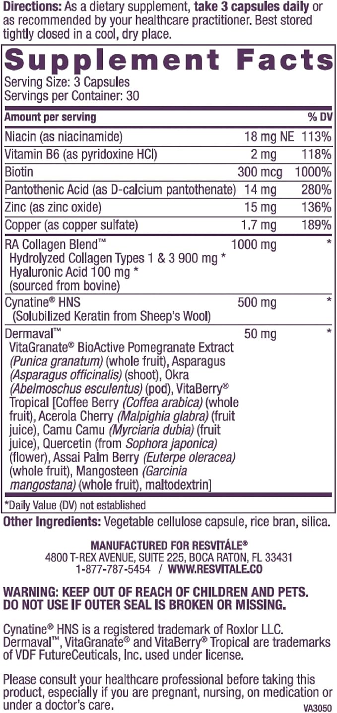 ResVitále Beauty 3 - Skin Care Supplement with Collagen Keratin &amp Elastin - 90 Capsules