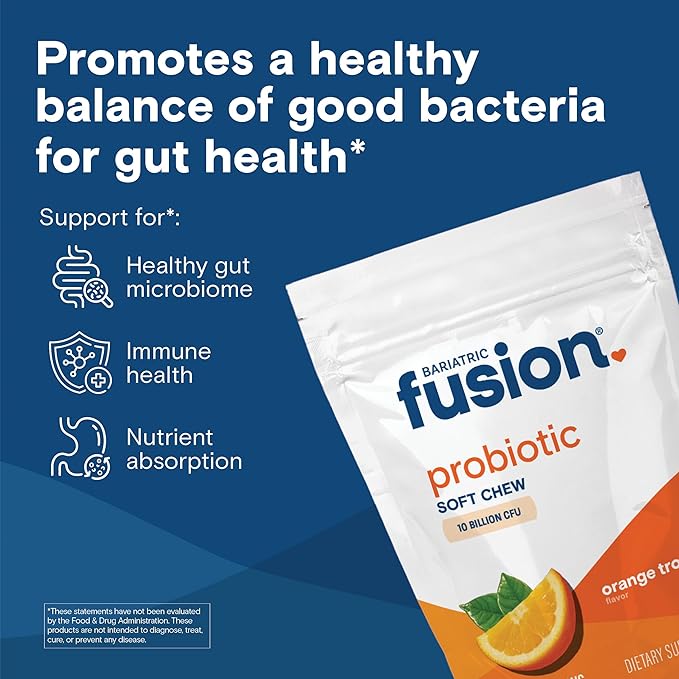 Bariatric Fusion Bariatric Probiotic Soft Chews | Orange Tropical Flavor Chewy Bariatric Vitamin | Bacillus Coagulans 10 Billion CFU Chewable Probiotic | Support Digestive &amp Immune Health | 60 Cou