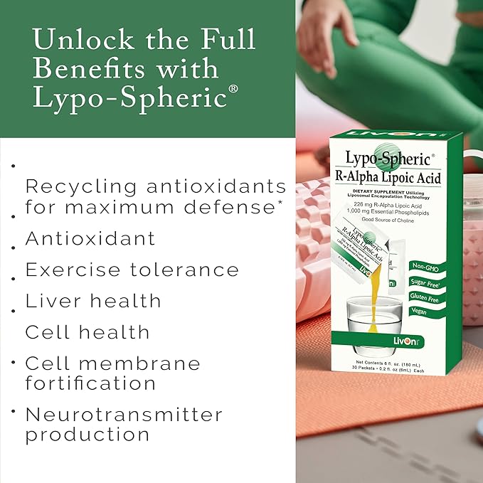 LivOn Laboratories Lypo-Spheric R-Alpha Lipoic Acid - 30 Packets - 226mg Per Packet - Liposome Encapsulated for Maximum Bioavailability - 100% Non-GMO