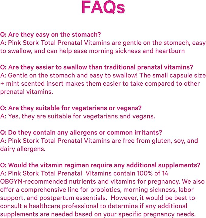 Pink Stork Total Prenatal Vitamins for Women | DHA Folate Iron Choline &amp Vitamin B12 | Preconception Nutrition | Prenatals for Women Pregnancy Essentials | Doctor Formulated 60 Count Mint