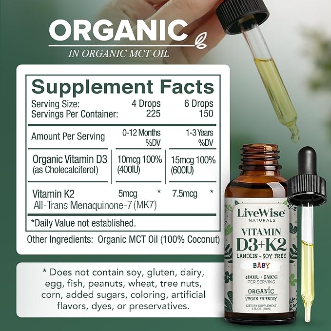 Live Wise Naturals Organic Vitamin D3 K2 Liquid Drops for Babies Concentrated Formulation 225 Servings (MK-7) Micro-Dose Dropper Gentle Daily Supplementation Early Development Precise Dosing