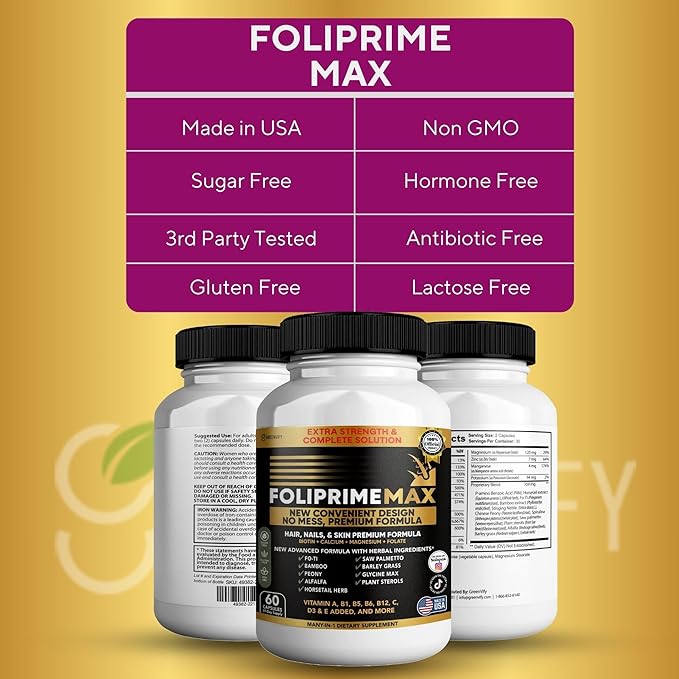 Foliprime Max Hair Nails &amp Skin Supplement with Biotin Vitamins Minerals &amp Herbal Blend 60 Capsules (5)