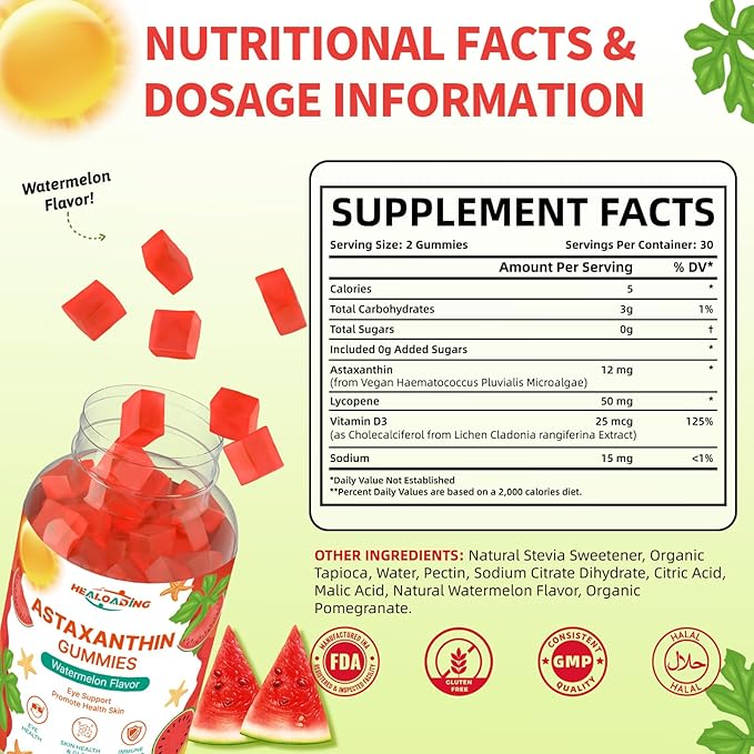 Astaxanthin 12mg Supplements Gummies: Antioxidant Supplement to Support Eye Skin Joint &amp Immune System Health Non-GMO &amp Gluten-Free (60 Gummies)