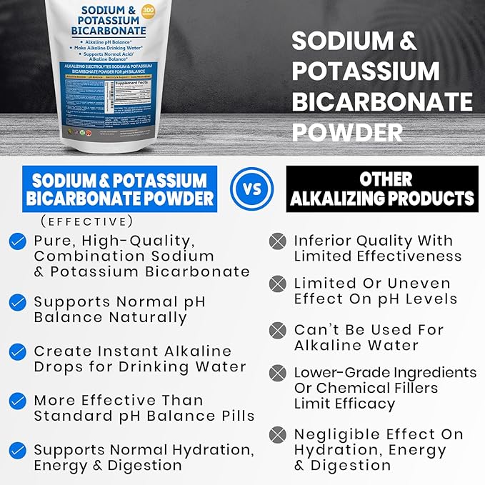 Sodium Bicarbonate Powder &amp Potassium Bicarbonate Powder pH Balance Supplement. Make Gallons of Alkaline Water Drops for Acid/Alkaline pH Balance Stomach Immune Performance. Alkaline Drinking Wat