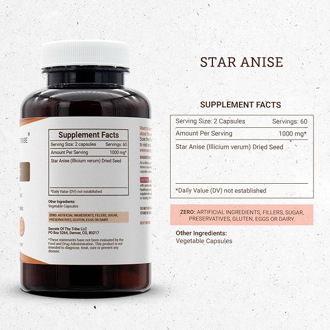 Secrets of the Tribe Star Anise Capsules 1000 mg Star Anise (Illicium verum) Dried Seed (120 Count)