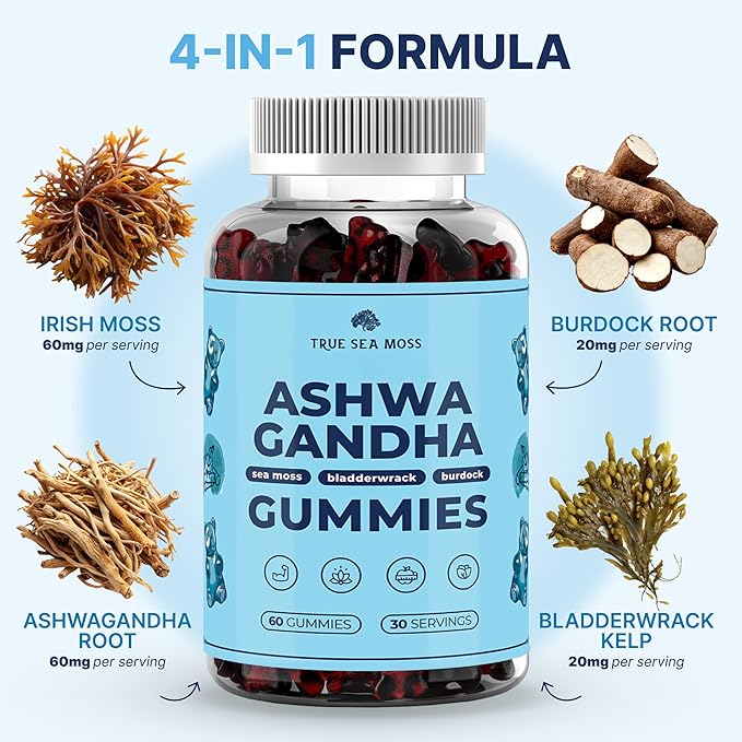 TrueSeaMoss Sea Moss Gummies with Ashwagandha Burdock Root &amp Bladderwrack – for Adults &amp Kids 4+ Fruity Flavor – 60 Gummies