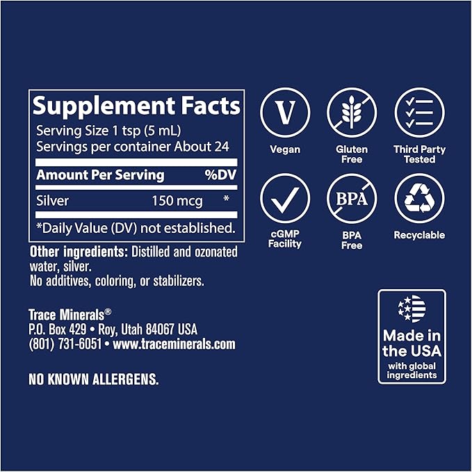 Trace Minerals Colloidal Silver - Pure Colloidal Silver Supplement for Immune Support - Natural Mineral Drops - High-Potency Formula - Gluten-Free - Vegan - 4 fl oz (12 Servings)