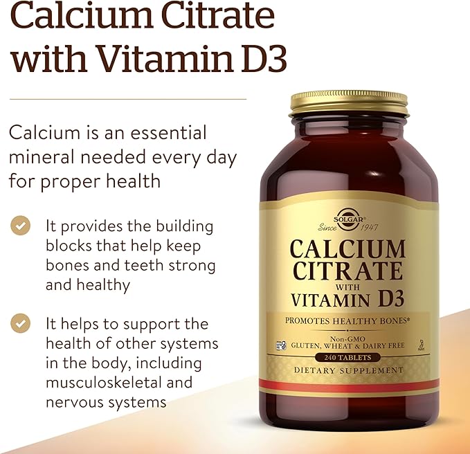 Solgar Calcium Citrate with Vitamin D3 240 Tablets - Promotes Healthy Bones &amp Teeth Supports Musculoskeletal &amp Nervous Systems - Non-GMO Gluten-Free Dairy Free Kosher - 60 Servings