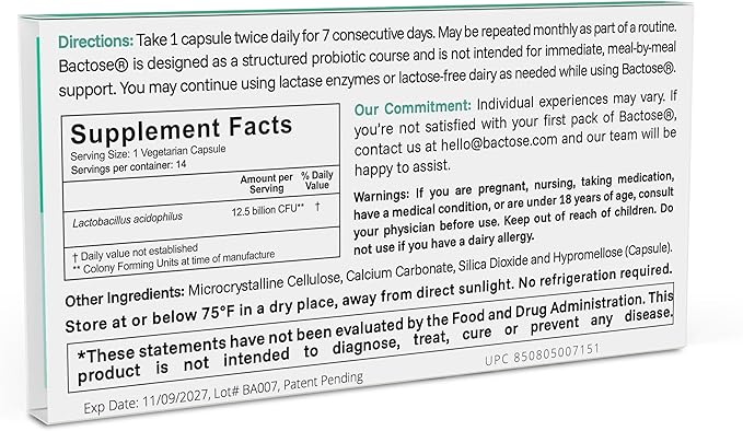 BACTOSE® 7-Day - Lactose Support Probiotics – Designed for Dairy Consumers – 14 Capsules (Repeat Monthly)