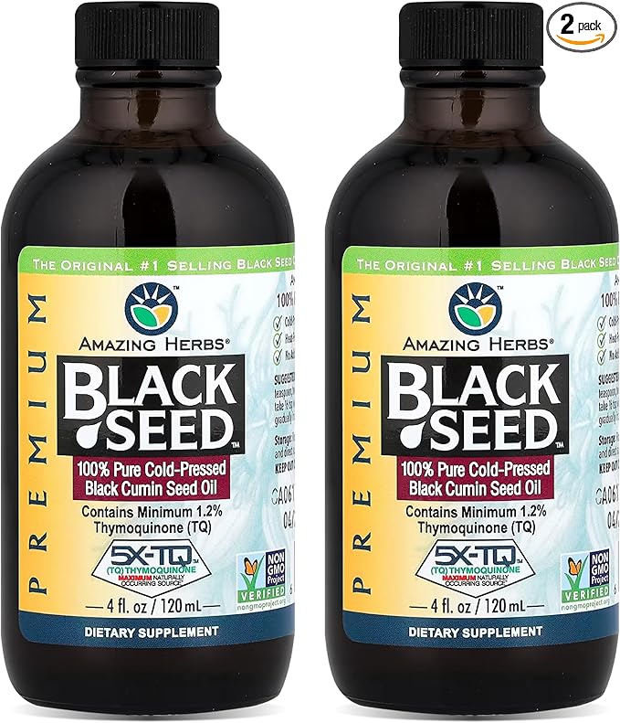 Amazing Herbs Premium Black Seed Oil - Gluten Free Non GMO Cold Pressed Nigella Sativa Aids in Digestive Health Immune Support Brain Function Joint Mobility - 4 Fl Oz (Pack of 2)