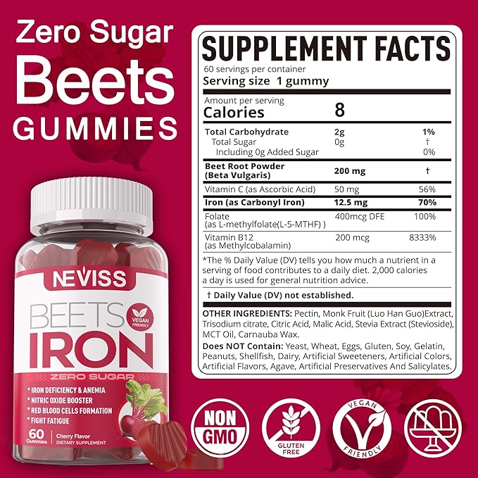 Beet Root Gummies with Iron Methyl B12 Folate Vitamin C - Increase Nitric Oxide &amp Iron Levels Energy Support Fight Fatigue Beetroot &amp Gentle Iron Supplement Sugar Free 120 Count
