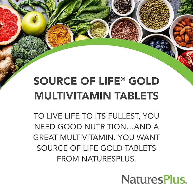 NaturesPlus Source of Life GOLD Multivitamin - 180 Tablets - Blood Support Bone Support Healthy Immune System - Includes Vitamins D3 B12 K2 &amp Over 120 Whole Food Nutrients - 60 Servings