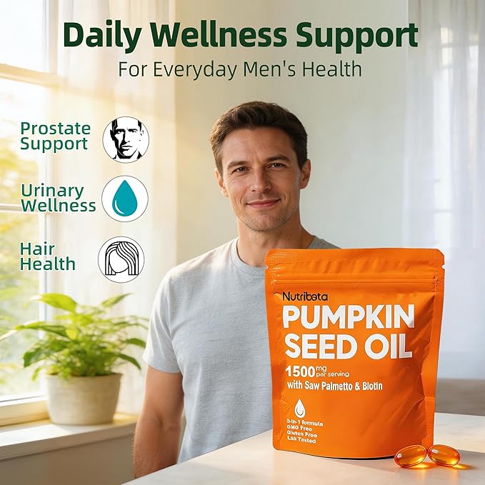 Pumpkin Seed Oil Supplement 1500 mg per Serving with Saw Palmetto &amp Biotin Advanced 3-in-1 Plant-Based Men’s Wellness &amp Hair Nutrition Formula Non-GMO Gluten Free Lab Tested Softgels