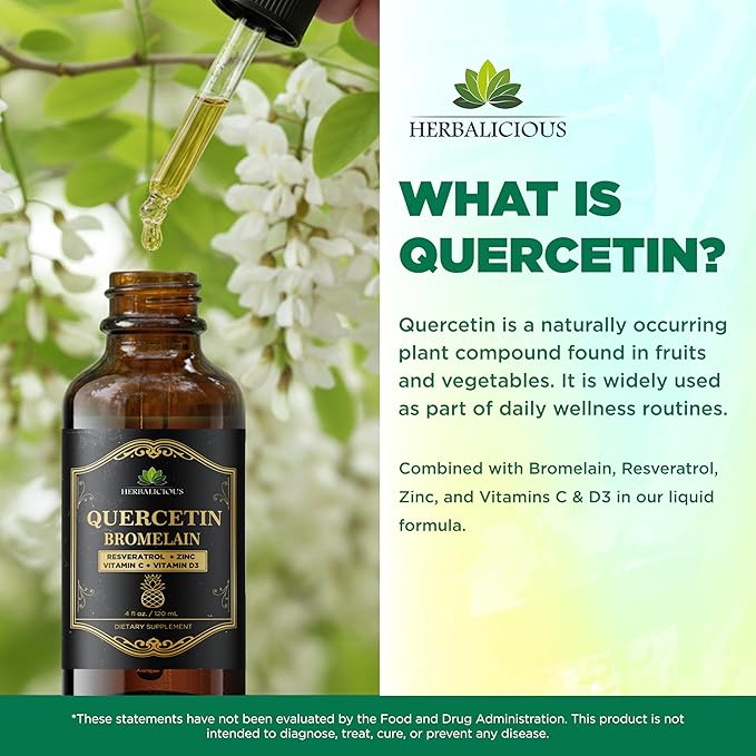 HERBALICIOUS Quercetin Bromelain Liquid with Resveratrol Zinc Vitamin C &amp D3 – Immune Support Drops – 4 fl oz (120 mL) – Fast Absorption – Non-GMO Dietary Supplement