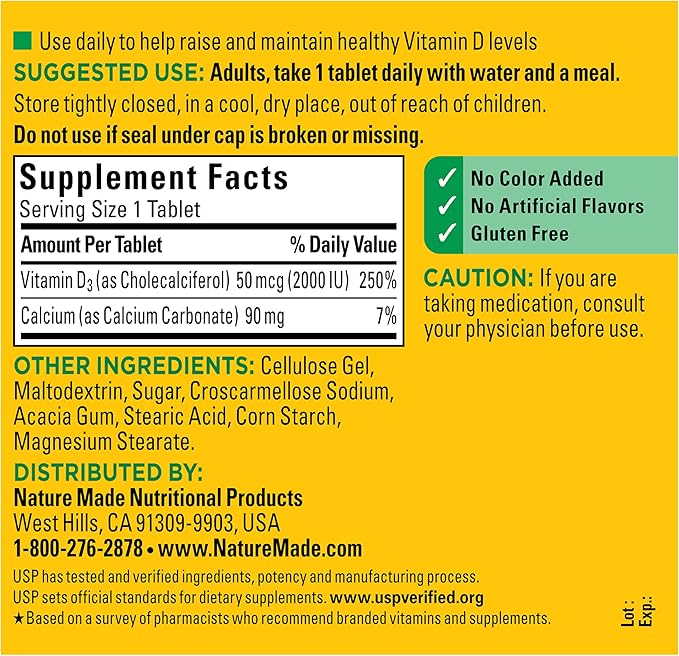 Nature Made Vitamin D3 2000 IU (50 mcg) Vitamin D Supplement for Bone Teeth Muscle and Immune Health Support 400 Tablets 400 Day Supply