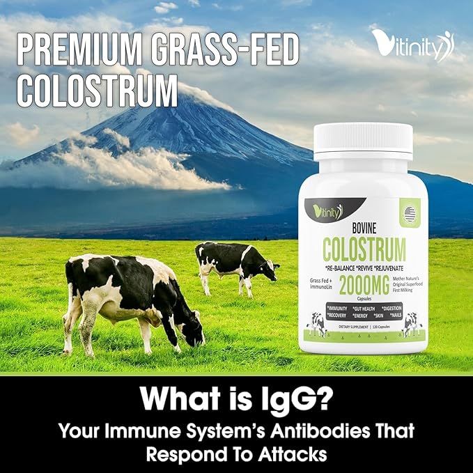 VITINITY Grass Fed Bovine Colostrum Capsules for Humans - Natural IgG Colostrum Supplement for Gut Health Immune Support Muscle Recovery &amp Wellness | Pure Colostrum Superfood Unflavored (120 Co