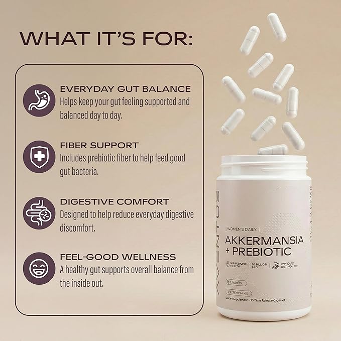 Aventus Women’s Daily Akkermansia + Prebiotic 10 Billion AFU 30 Vegan Capsules Supports Gut Lining Microbiome Balance &amp Digestive Health