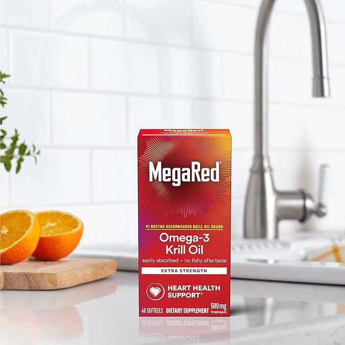 MegaRed Omega-3 Krill Oil 500mg Extra Strength softgels (40 Count in a Box) - Krill Oil No Fishy Aftertaste
