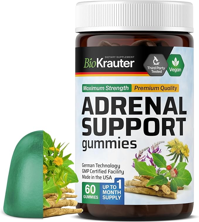 BIO KRAUTER® 8-in-1 Adrenal Support Supplements with Vitamin С B6 B12 - Natural Adrenal Complex with Magnesium Ashwagandha Rhodiola Rosea for Relax &amp Mood Support - 60 Gummies Non-GMO