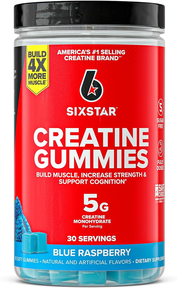 Six Star Sugar-Free Creatine Gummies for Men &amp Women - Pre &amp Post Workout Creatine Monohydrate Gummy for Muscle Building &amp Strength Lean Muscle Gains &amp Recovery - Blue Raspberry 30 S