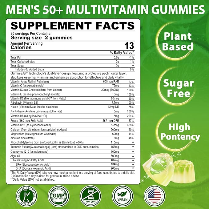 Multivitamin for Men 50 + Plus Sugar Free Men Multivitamins Gummies w/Omega-3 Coq10 D3k2 Calcium Magnesium Zinc Vitamins A C &amp E Mens Vitamins for 𝖧𝖾𝖱𝗍 Antioxidant Brain Bone 60ct