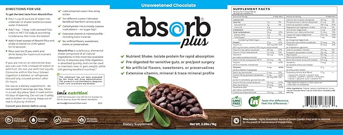 Isolate Protein - Diet Supplement for Improved Gut Health Extra Nutritional Support Non-GMO Gluten-Free Lactose-Free Casein-Free (2.2 Lbs Unsweetened Chocolate)