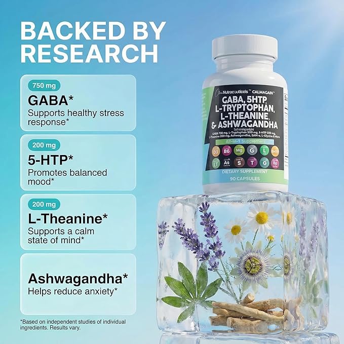 Clean Nutraceuticals GABA 750mg 5 HTP 200mg L Tryptophan 500mg L Theanine 200mg Ashwagandha SAM-e L-Glycine - Mood Support Vitamins for Women and Men with L-Tyrosine 5-HTP (5-Hydroxytryptophan)