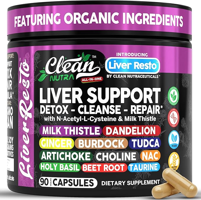 Clean Nutraceuticals Liver Cleanse Detox &amp Repair | Milk Thistle Supplement + NAC TUDCA Dandelion Root Artichoke Choline Ginger Beet Root Burdock Taurine Liver Support 90 Capsules