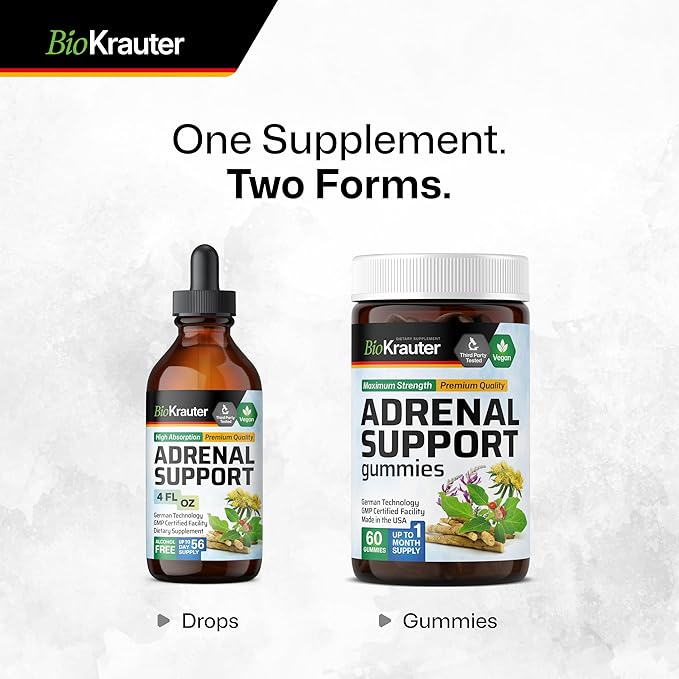 BIO KRAUTER® 2-in-1 Adrenal Support Supplements with Ashwagandha &amp Rhodiola Rosea for Relax &amp Mood Support - Natural Adrenal Complex for Men &amp Wonen - 4 Fl.Oz. 56-Day Supply Alcohol &amp