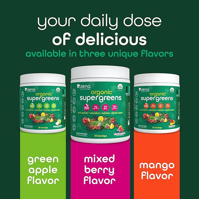 Zena Nutrition Organic Super Greens Powder 70+ Superfoods 0 Sugar 3G Fiber Spirulina Chlorella Mushrooms Prebiotics/Probiotics Digestive Enzymes for Gut Health Green Apple 30 Servings