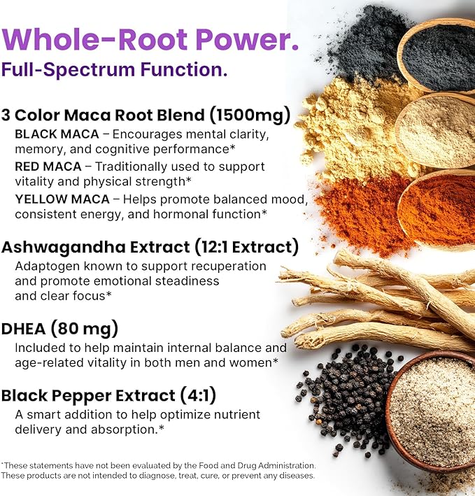 6-in-1 Organic Maca Root Ashwagandha Capsules 1710mg with DHEA and Black Pepper Fruit Extract for Women and Men - Black Maca Supplement for Stamina Bone and Mood Support Supplement 120ct (Pack of 2)