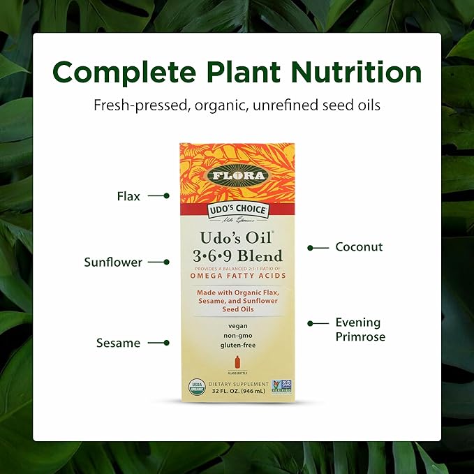 Flora Health UDO’s Oil Omega 3-6-9 32 Oz Supplement | Organic | Plant Based | Vegan Fish Oil Alternative | Blend of Flaxseed Coconut Evening Primrose &amp More