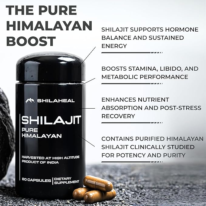 Natural Himalayan Shilajit Capsules - High Fulvic Acid &amp 85+ Trace Minerals Lab-Tested for Purity Natural Supplement for Immune Support &amp Cognitive Health 60 Vegan Capsules