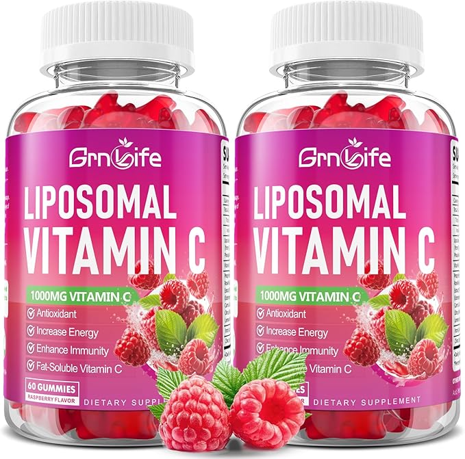 2 Pack Liposomal Vitamin C 1000mg Gummies for Adults Kids 1500mg Chewable Vitamin C w/Iron Zinc &amp Elderberry - Immune Support &amp Energy Collagen Booster Raspberry 120 Count