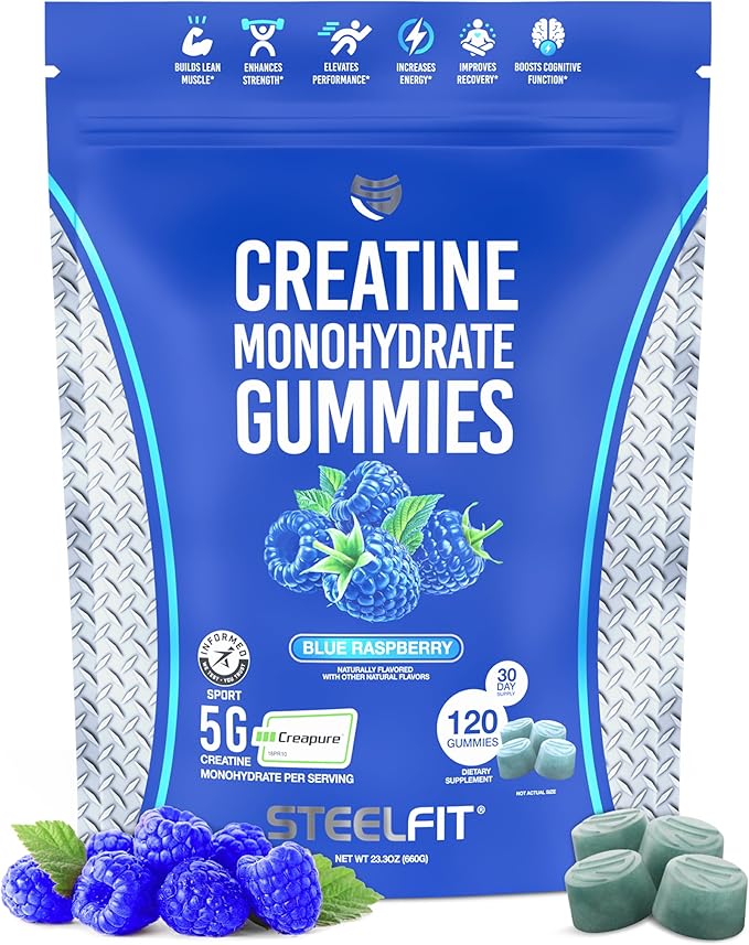 SteelFit Creapure Creatine Monohydrate Gummies for Men &amp Women Blue Raspberry - Gym Workout Nutritional Supplements for Muscle Gain Brain Health &amp Strength Building Dietary Supplement 120 G