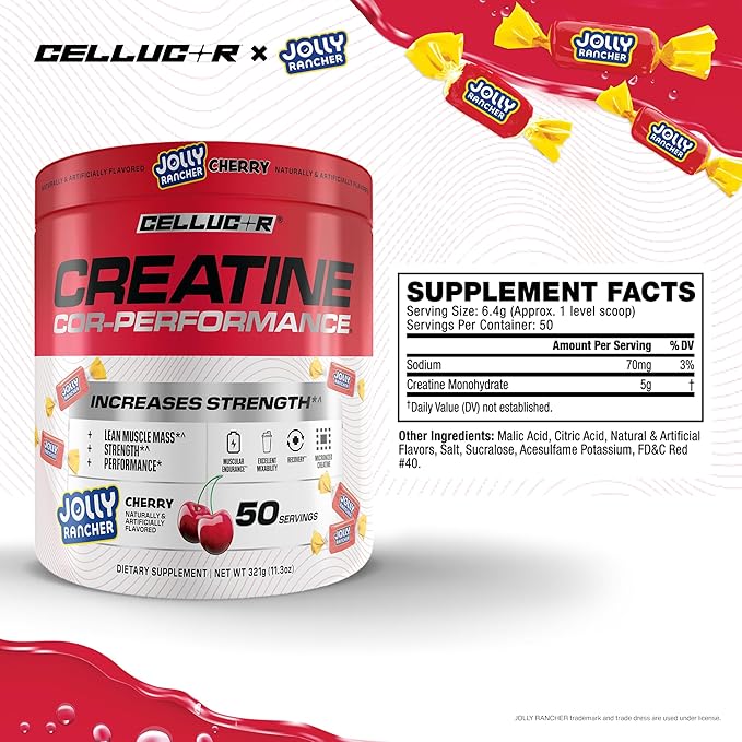Cellucor Creatine Powder Jolly Rancher Cherry- Increases Strength Lean Muscle Mass &amp Endurance Micronized Creatine for Fast Absorption 5g Creatine per Serving 50 Servings