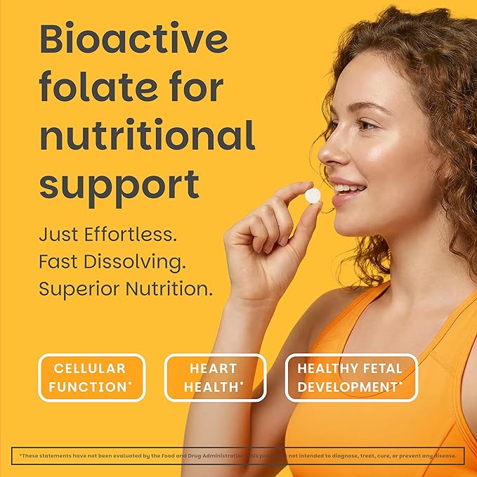 EZ Melts Dissolvable Folate 1667 mcg DFE - Methylated Folate Supplement - Heart Health &amp Healthy Fetal Development - Non-GMO Vegan &amp Dairy-Free - Orange Blast -60 Dissolvable Tablets (60 Ser