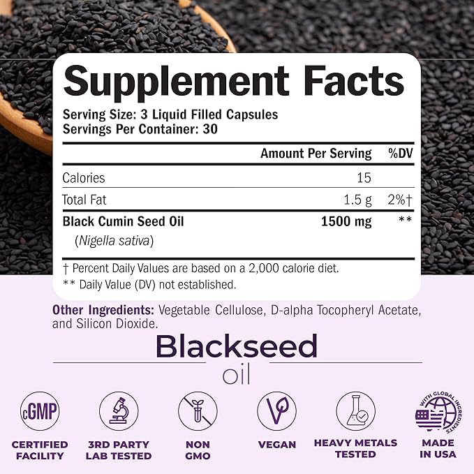 Black Seed Oil - Cold Pressed Black Seed Oil Capsules - Provides Vitamin E &amp Omega 3 6 9 - High Potency (1500mg) for Immune &amp Joint Support Antioxidants Digestion Hair Skin Nails - Vegan 90