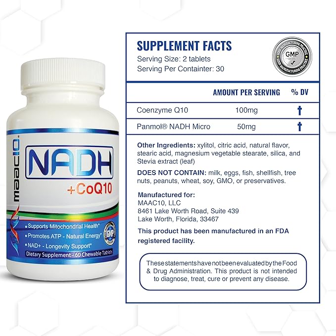 MAAC10 NADH + CoQ10 Chewable Tablets (3-Pack - 180 Tablets) | 50mg PANMOL® NADH + 100mg CoQ10 Supports Fatigue Energy and NAD+ Non-GMO Gluten Free Vegetarian (3 Month Supply)
