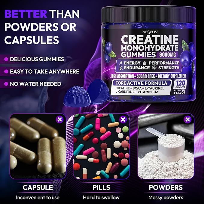 Creatine Gummies Monohydrate Complex for Men &amp Women 9000MG Creatine Pre-Workout Supplement Enhance Muscle Strength Recovery Cognitive Health &amp Memory 120 Gummies Sugar Free Vegan Non-GMO